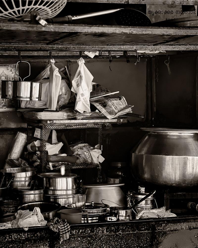 A traditional Kerala kitchen in black and white